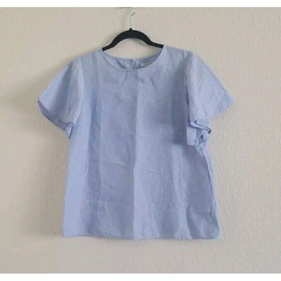 Global Work French Linen Blend Short Sleeve Blue Top Women's Size Medium - Picture 8 of 8
